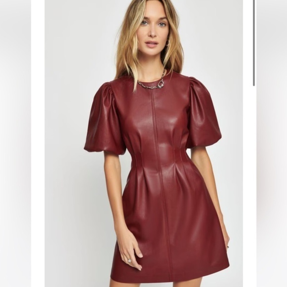 Dynamite Faux Oxblood Leather Puff sleeve dress